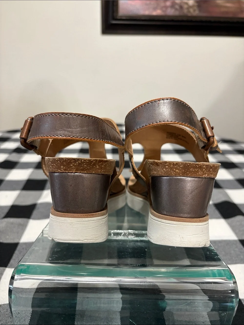 OTBT Boathouse Sandals Silver Brown Leather T-Strap Thong Platform Wedge 6.5